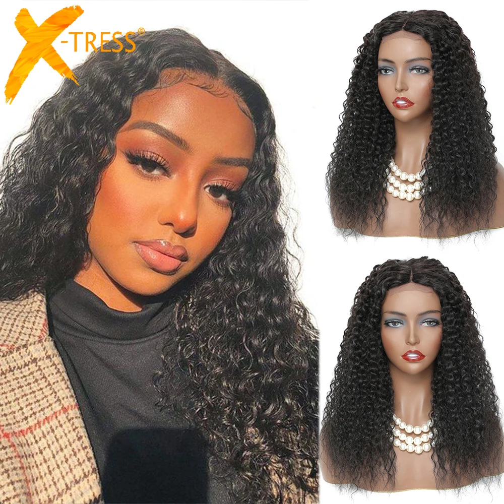 Black Color Synthetic Lace Wig For Women Middle Part Soft Kinky Curly Natural Daily Use Hair Wigs X-TRESS Medium Length 18 Inch |