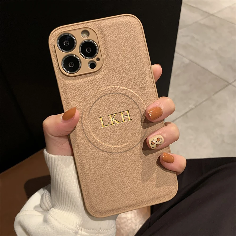 Персоналізований чохол для iPhone 11, 12, 13, 14, 15, 16, 17 Pro Max Індивідуальна ініціали, бездротова зарядка для шкіряного чохла Magsafe