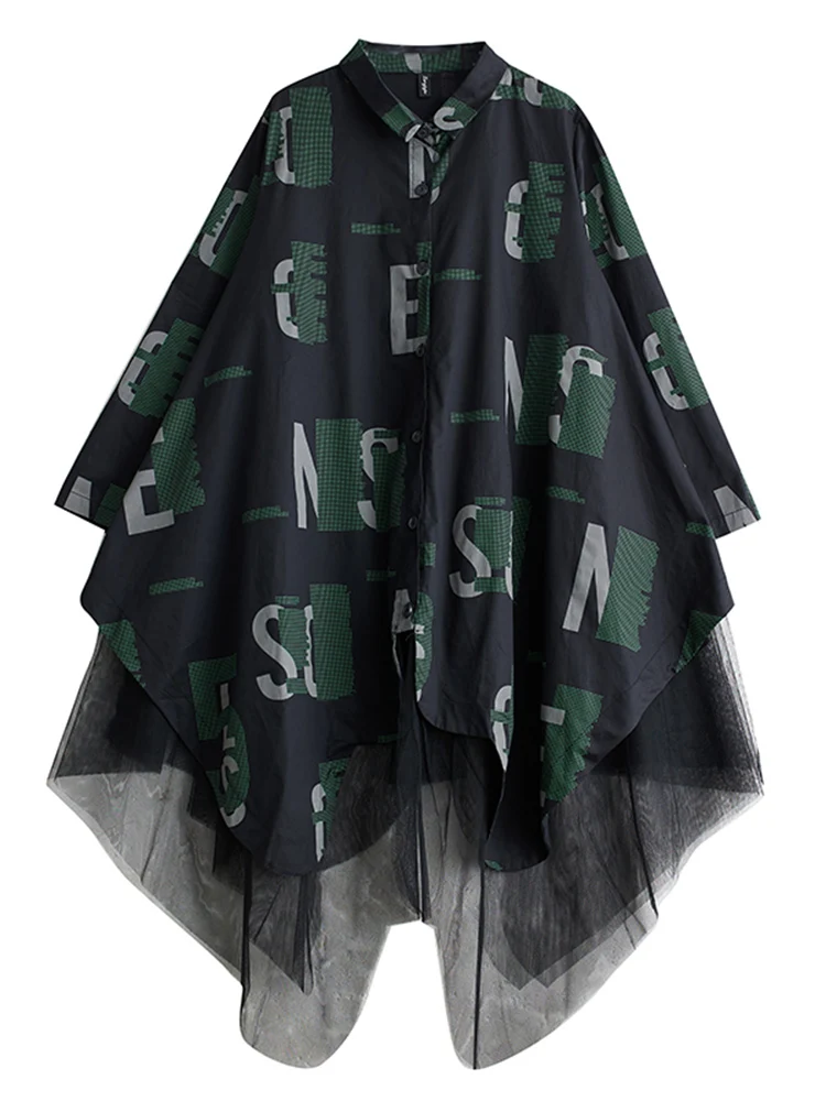 Mesh Spliced Vintage Letter Print Shirt Dresses For Women New Long Sleeve Loose Casual Dress Fashion Elegant Clothes Autumn 2025