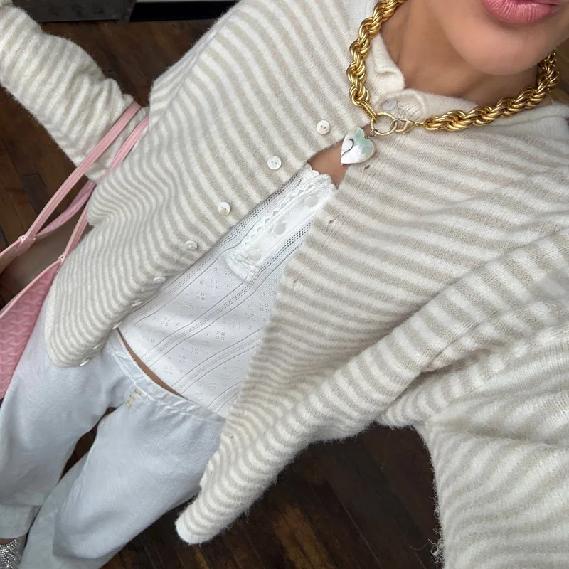 Casual Loose Cardigan For Women Autumn Long Sleeve Knitwear Y2K Outerwears Women's Fashion Stripes Sweater Female Top
