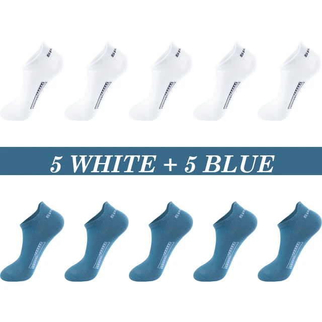 High Quality 10Pairs Men Socks Cotton Summer Sports Breathable Ankle Socks Mesh Casual Athletic Thin Cut Short Plus Size 39-48 5 White 5 Blue