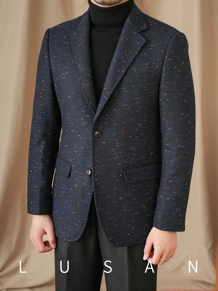 Mr. Lu San Gentry Dress Retro Commuter Business Herringbone Wool Suit Colorful Flower Point Warm Slim Fit Suit Trendy Men 4