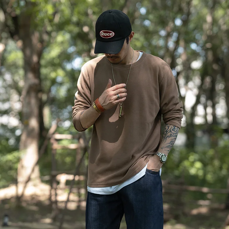 

Hf6101 Spring Handsome Fashion Waffle Long Sleeved Casual Round Neck Loose Simple Solid Color Daily Male T-Shirts Tops Clothing
