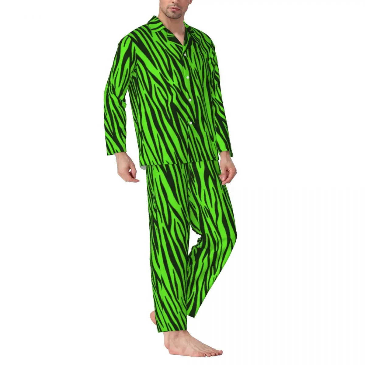 

Пижама Мужская в зеленую полоску, домашняя одежда для сна с животным принтом, комплект из 2 предметов, повседневный пижамный комплект с длинным рукавом, милый мягкий домашний костюм оверсайз