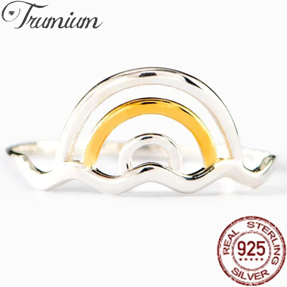 

Trumium Genuine s925 Sterling Silver Fashion Rainbow Shape Rings for Women Wave Finger Ring Fine Wedding Jewelry Girl Gifts