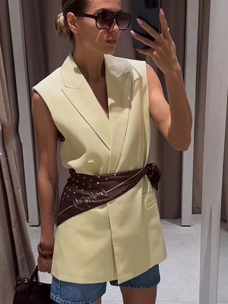 TFMLN Women Elegant Vest Pant Set Chic Temperament Solid Color Loose V-neck Vest Coat High Waist Wide Leg Pants Two-piece Set