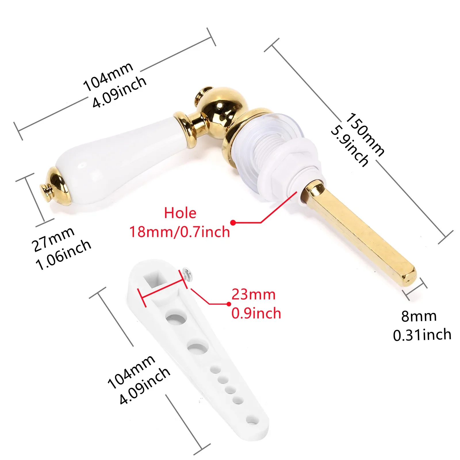 Toilet Handle Flush Rod Replacement Kit Ceramic Pull Handle 18mm/0.7inch Hole (Silver/Gold) for Most Toilet Tank Lids