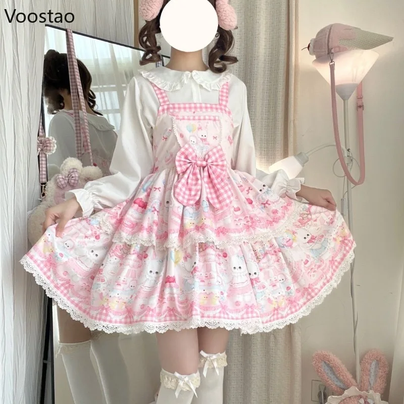 Japanese Sweet Lolita Jsk Dress Women Cartoon Bunny Print Bow Lace Ruffles Strap Dress Girls Tea Party Mini Dresses Cute