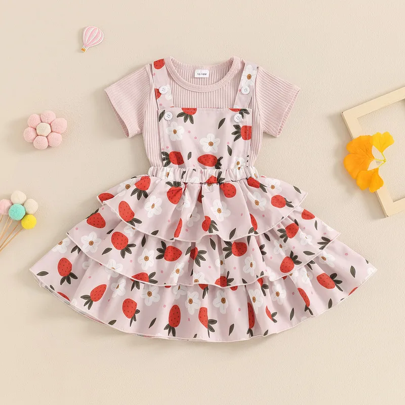 

Little Girls 2 Piece Summer Outfits, Round Neck Short Sleeve Ribbed Tops Flower Layered Suspender Skirt Toddler Set