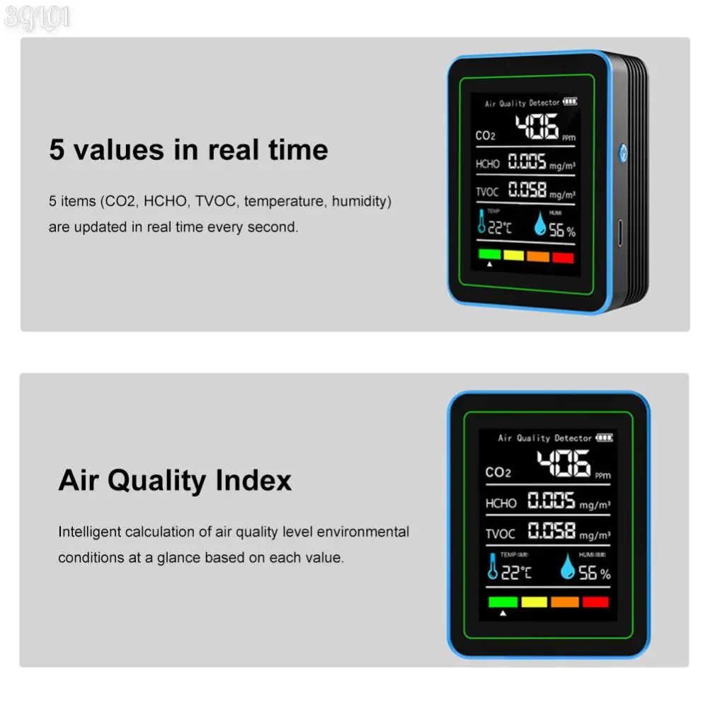5-in-1 Air Quality Monitor Air Quality Detector USB Charging Tester Portable Formaldehyde Monitor For Indoor Outdoor