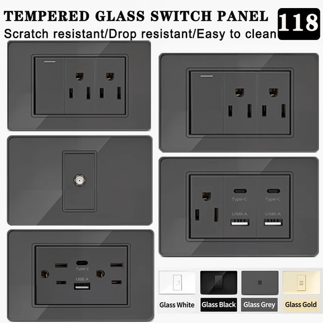 Prise murale américaine thaïlandaise en verre trempé série 118, 118x75mm, double Ports USB type-c, interrupteur de lumière, appareil ménager intelligent, 110V, pour le bureau et la maison 1