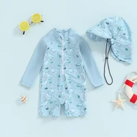 Baby Boy Swimwear Set, Whale Print Long Sleeve Rash Guard Swimsuit Sun Hat Toddler Bathing Suit Outfit 0-3T 4