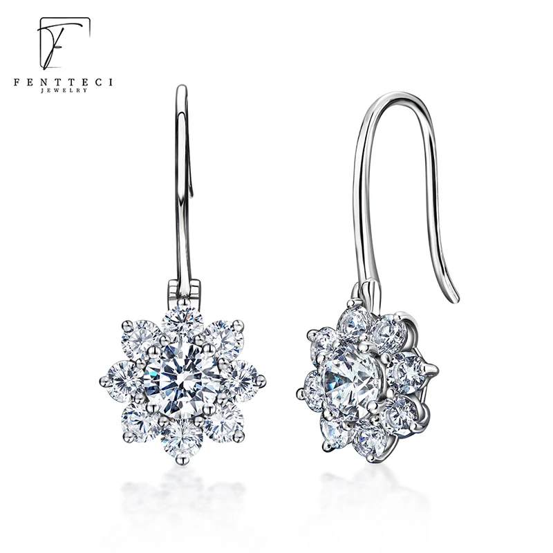 

FENTTECI Sunflower s925 Sterling Silver Drop Earrings Real D Color Moissanite Earrings Luxury Ear Hooks for Women Dine Jewelry