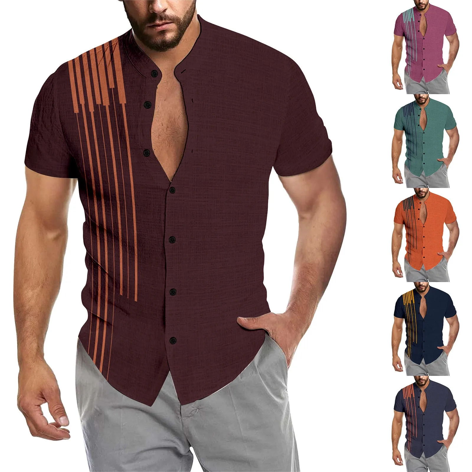 

Мужская деловая рубашка в полоску, Повседневная блуза с коротким рукавом, воротником-стойкой и пуговицами на пуговицах, женский пуловер