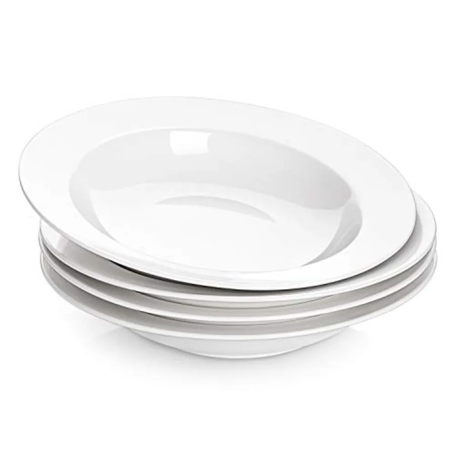 20 oz White Porcelain Soup & Pasta Bowls Set of 4 – Wide Rim Salad Plates 1