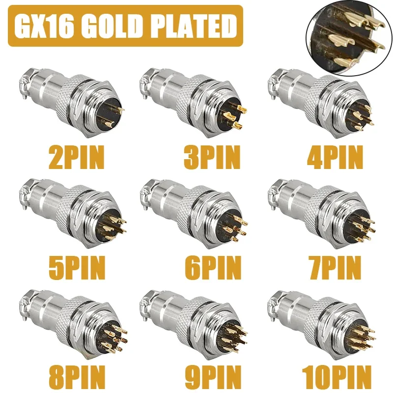 

5/20/100Set GX16 Gold Plated Aviation Plug Socket 2 3 4 5 6 7 8 9 10 PIN Male Female 16mm M16 Wire Panel Circular Connector