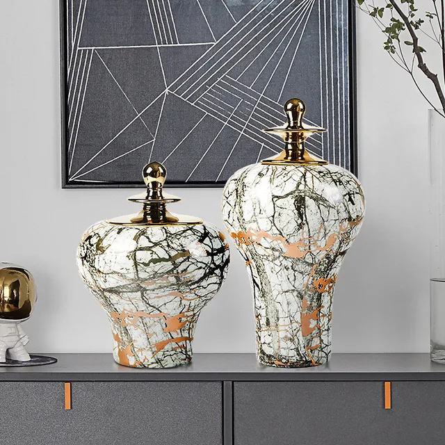 Vintage Palack Márványozott Tábornok Golden Ginger Jar Porcelán Kézműves Díszek Váza Virág Elrendezés Otthoni Dekoráció - Image 4