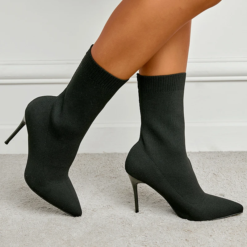 ZOOKERLIN Pointed Knitted Elastic Fabric Women's Boots Stiletto High Heels Slim Solid Color Black Slip On Ankle Boots Short Boot