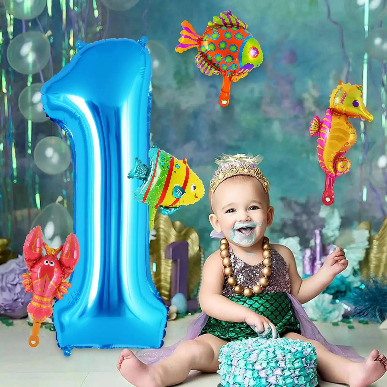5-teiliges Mini-Luftballon-Set mit Meerestieren, 32 Zoll, blaue Zahlenballon, Oktopus, Seepferdchen, Fisch, Folienballons für Kindergeburtstagsparty-Dekorationen – Detail 5
