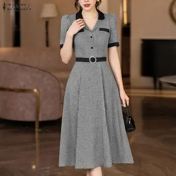 Stylish Summer Plaid Dress 2026 ZANZEA Women Sundress Elegant Lapel Neck Short Sleeve Work Dresses A Line Holiday Robe With Belt 1