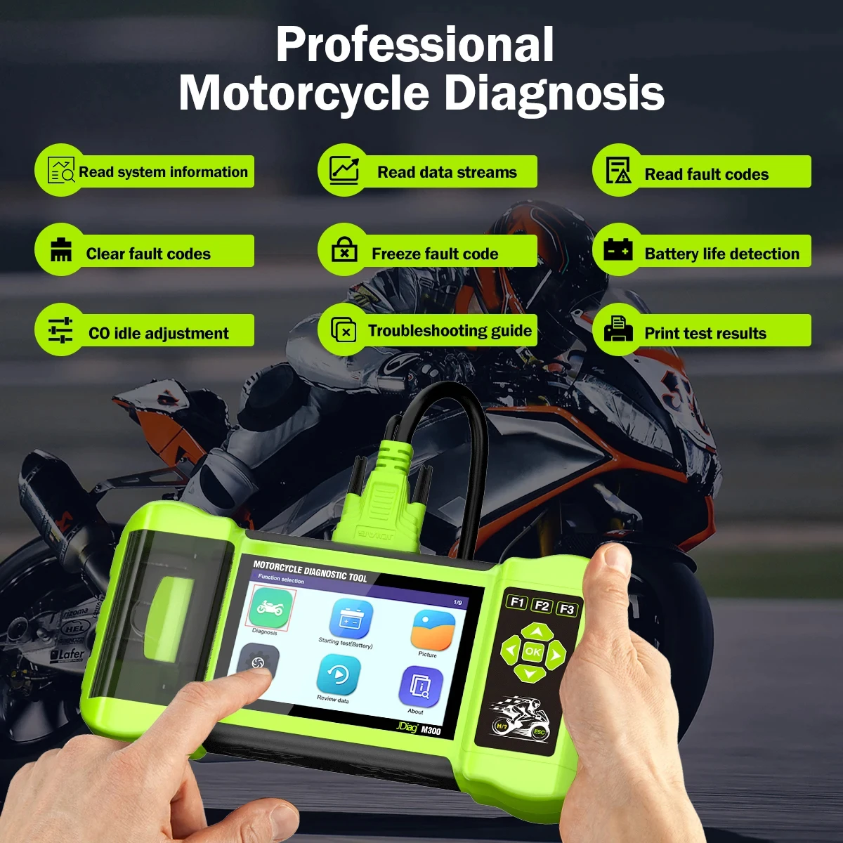재고 JDiag M300 오토바이 진단 스캐너 도구, BMW Ducati Harley Honda Kaw용 ABS 엔진 재설정 오류 제거 서비스