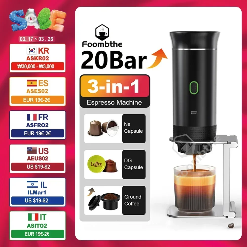 Wireless Electric Portable Espresso Machine, 3-in-1 Powder/Capsule, Ideal for Travel, Car, Home & Camping