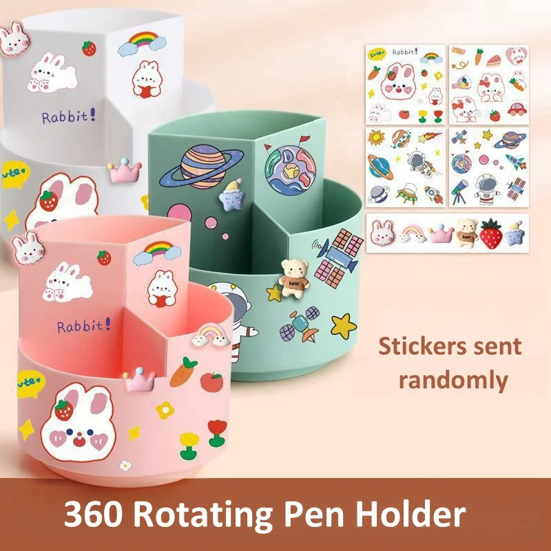 Kawaii Rotating Pen Holder Stickers Student Pencil Box Desktop Stationery Storage Organizer Office Home Makeup Brush Box