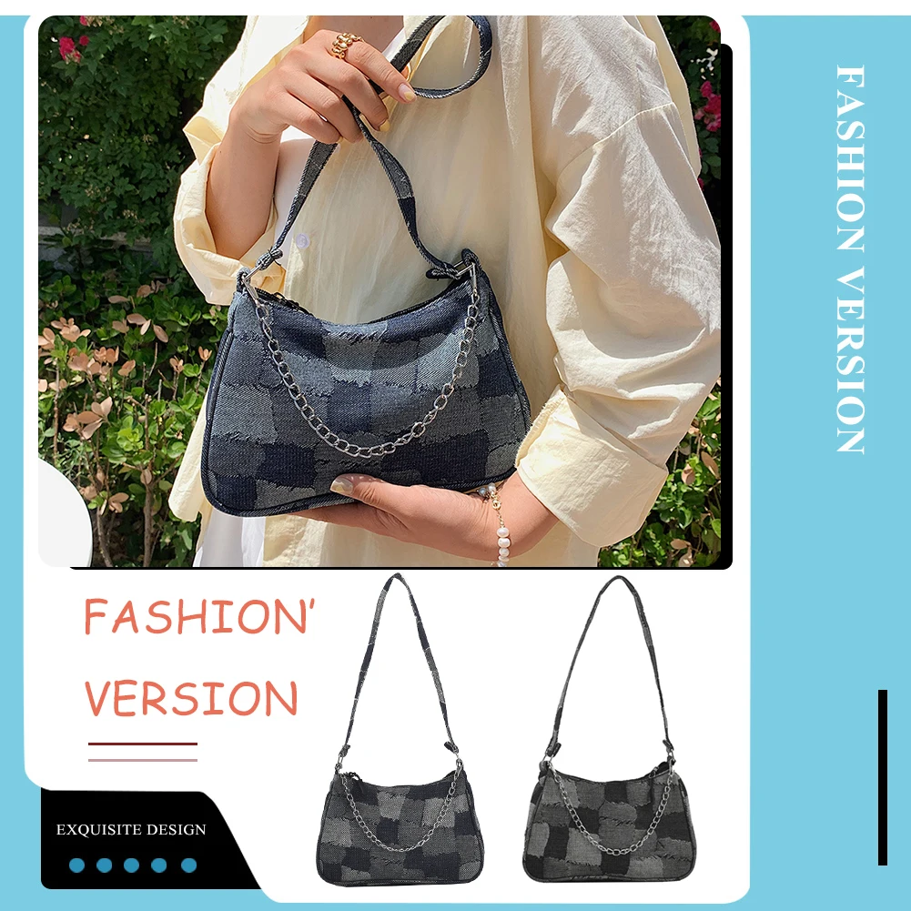 Fashion Women Denim Contrast Color Grid Shoulder Underarm Bag Casual Ladies Chain Small Handbags Purse Ladies Handbags Hand Bag