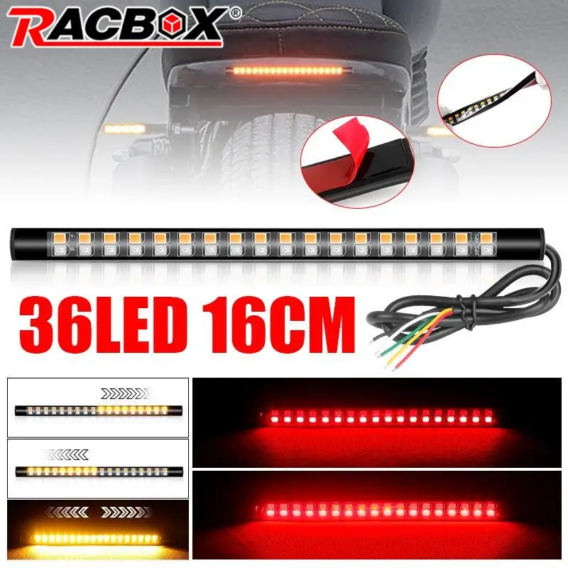 Motorcycle LED Lights 3 in 1 Tail Light Strip 36LED 16cm Flexible Red Yellow Turn Signal DRL 12V Rear Brake Stop Warning