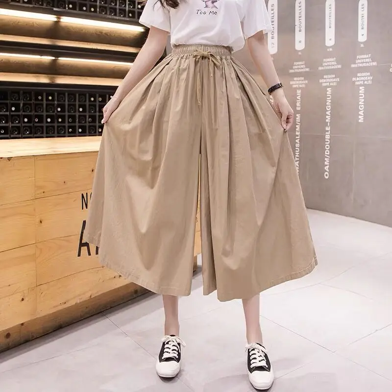 Summer Calf Length Draw String Waist Pant Women Cargo Baggy Loose Culottes Skirts Pants Amy Green Khaki Chic Harajuku Streetwear