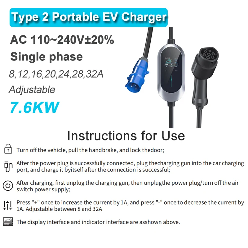 CTOLITY EV 충전기 타입 2 충전 케이블, 전기 자동차용 CEE 3 핀 충전 스테이션, AC 110 240V 고속 충전기, 32A, 7.6KW