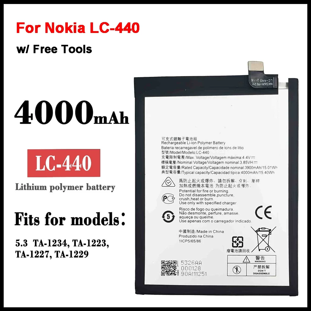 

New 4000mAh LC-440 Replacement Battery for Nokia 5.3 TA-1234 TA-1223 TA-1227 TA-1229 Mobile Phone Batteries + Tools