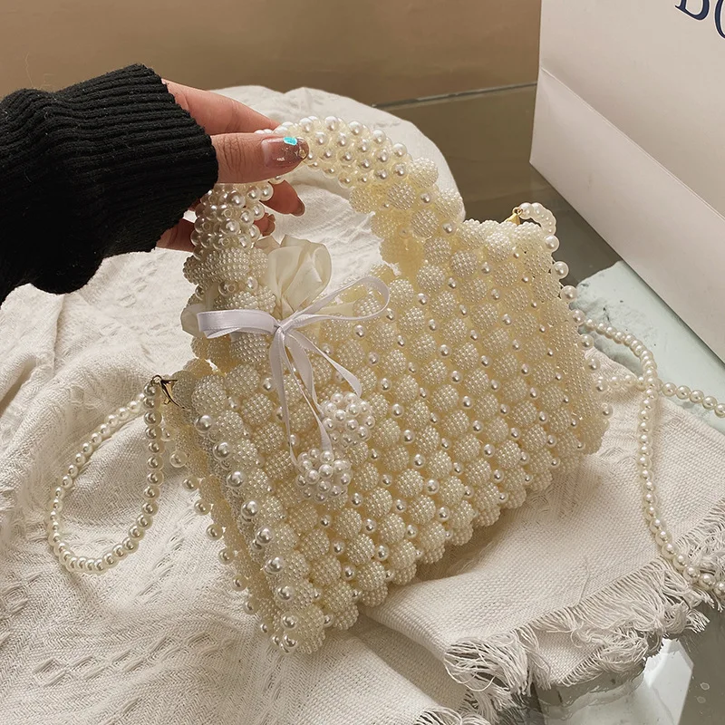 

Luxury Woven Pearls Bag Shoulder Bags for Women Designer Small Beading Handbags Brands Party Evening Purse Wedding Clutch Tote