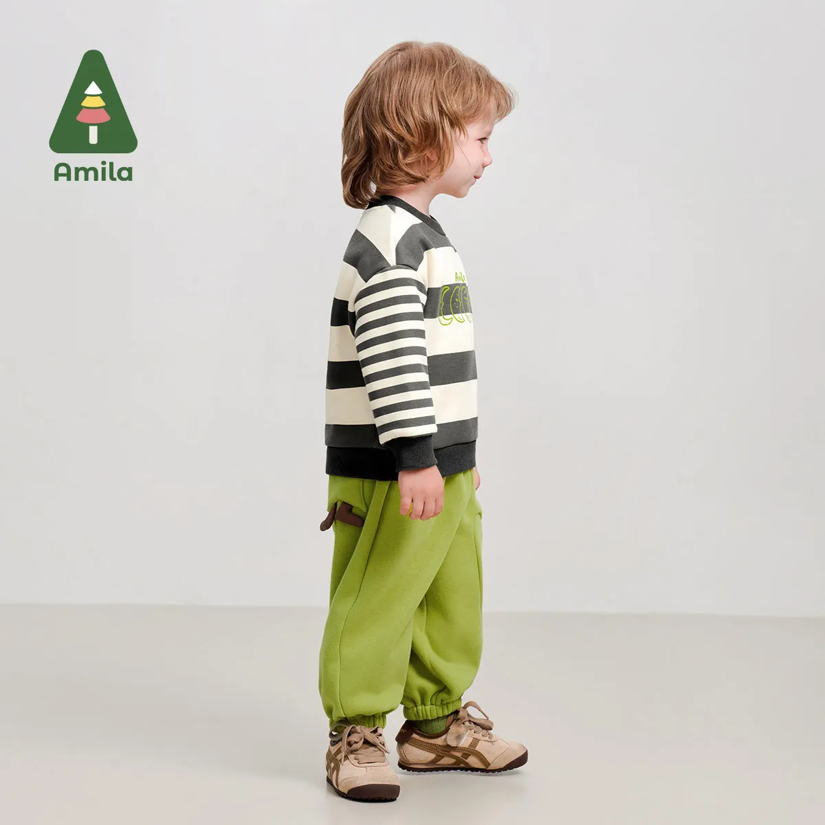 Amila Baby Sweatshirt Winter New High Quality Boys And Girls Striped Plus Velvet Warm Skin-Friendly Loose Children&rsquo;s Tops