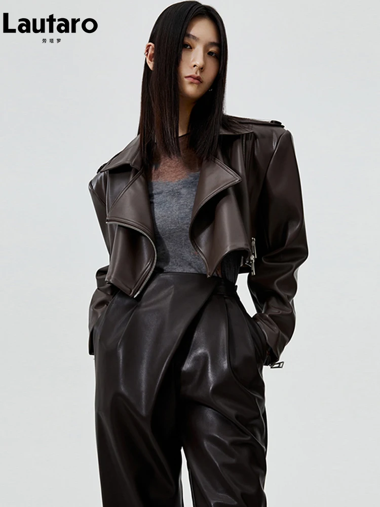韓国 人気[LEATHERY] CUT OFF CCOTTON BLOUSON JACKET Lautaro Autumn Short Oversized Brown Faux Leather Biker