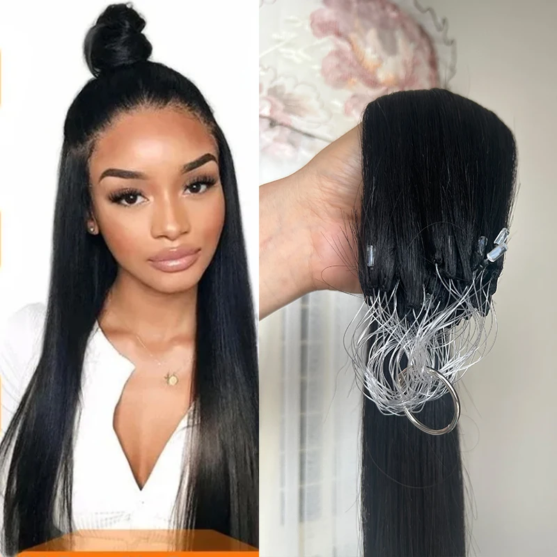H6 Feathe Human Hair Extensions natural Straight Remy Micro Ring Hair Extensions Natural Black Loop 16-30inch Fusion Human