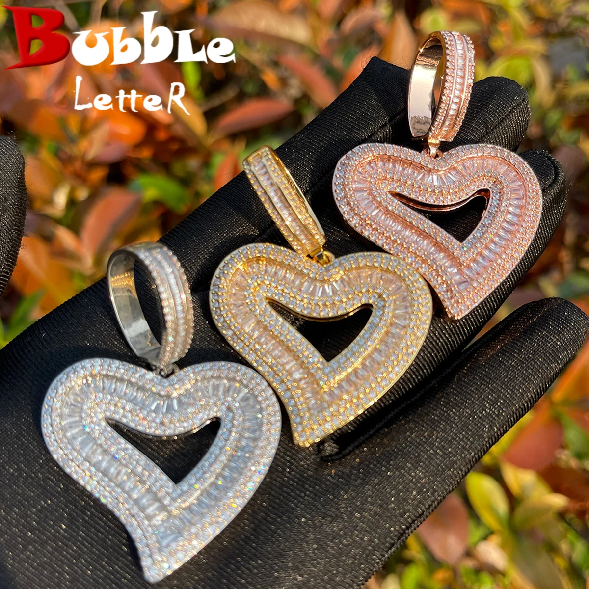 Bubble Letter Baguette Open Love Heart Necklace Pendant for Women Iced Out Charms Glossy Girl Fashion Jewelry