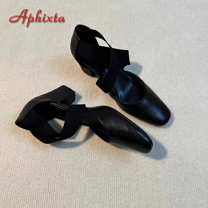 Aphixta Round Tou Ballet Shoes 7CM Square High Heels Woman Shoes Pumps Cross Elastic Band Shallow Woman zapatos de mujer