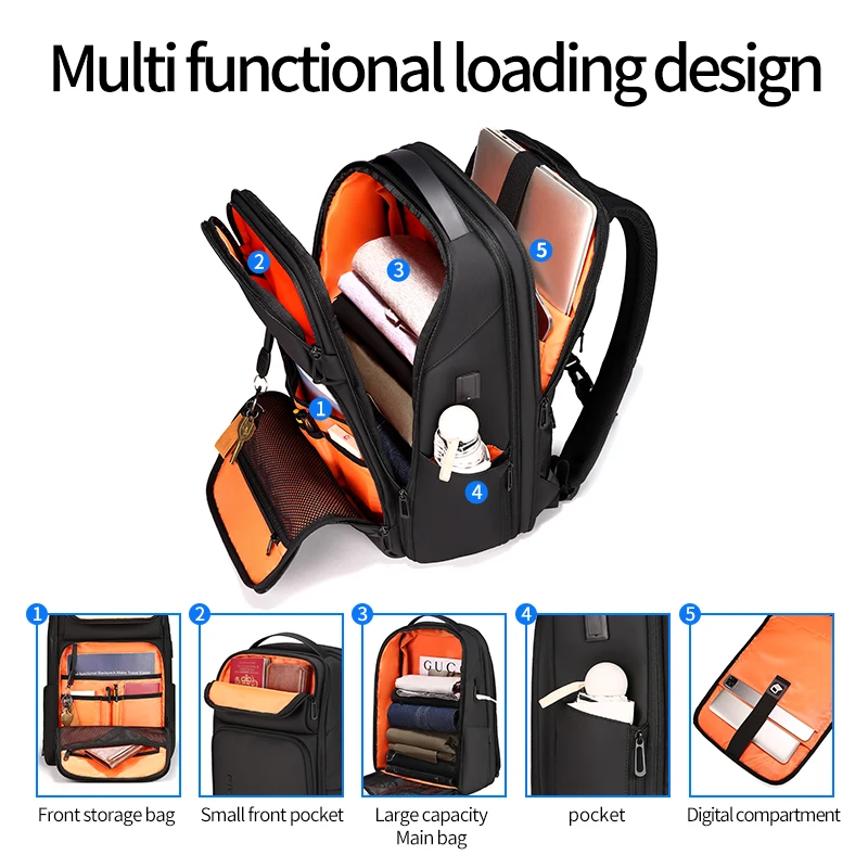 Fenruien 비즈니스 방수 백팩, USB 충전, 남성용 배낭, 15.6 인치 노트북, 여행, 35L 대용량 배낭