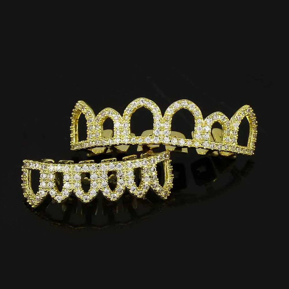 RACHELZ Hip Hop 6/6 Hollow CZ Stone Teeth Grillz For Women Men Micro-Paved Zircon Tooth Caps Dental Grills Body Jewelry