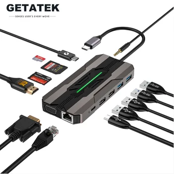 Getatek USB C 허브 도킹 스테이션, SD 카드 리더, HDMI 호환 HDTV VGA USB 허브 3.0 집중기 어댑터, 13 in 1, 1000M RJ45