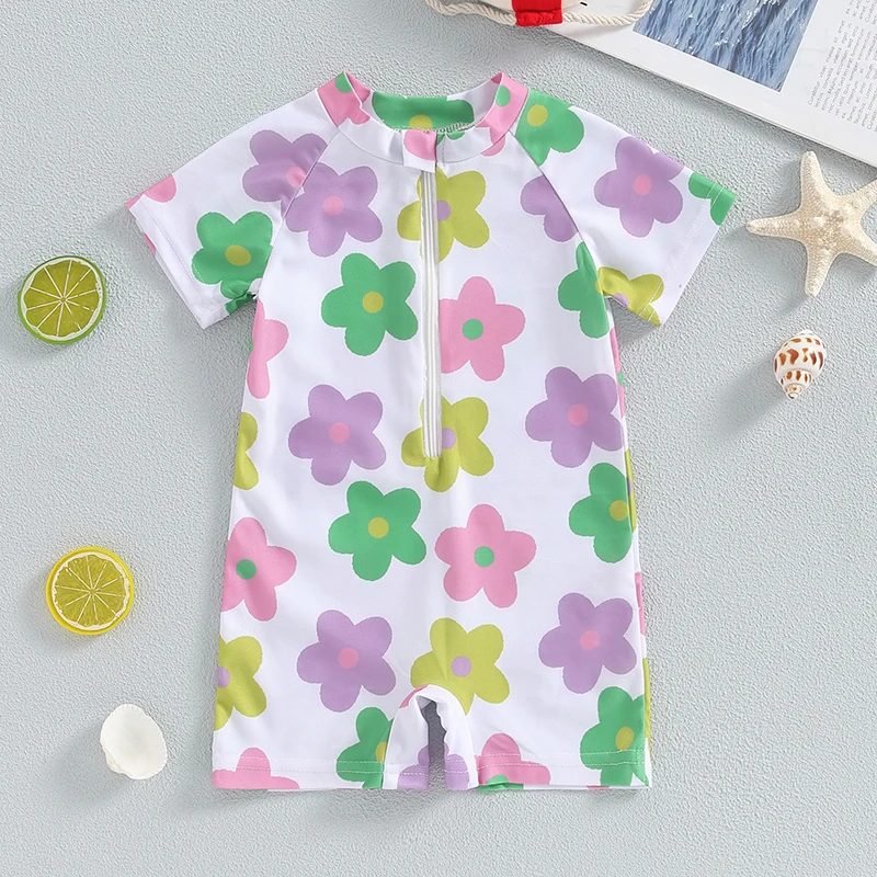 Baby Girl Swimwear Summer Floral Print Short Sleeves Swimsuits for Toddler Bathing Suits Beachwear 1