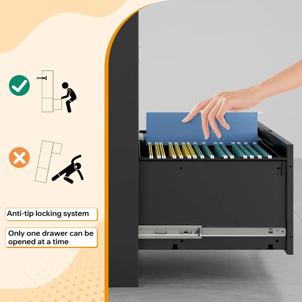 4 Drawer File Cabinet with Lock, 4 Drawer Steel Wide Filing Organization Storage Cabinets, Steel Lateral File Cabinet for