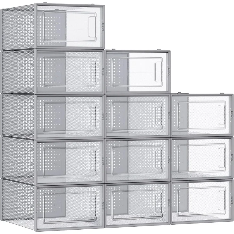 Shoe Boxes, Pack of 12 Shoe Storage Organizers, Stackable Clear Plastic Boxes for Closet, Sneakers, 9.1 x 13.1 x 5.6 Inches