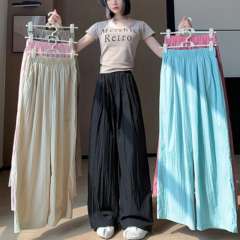 Spring Summer Women Loose Wide Leg Pants Casual Elastic Waist Stright Long Wide leg Pants Female Casual Female Pants Trousers