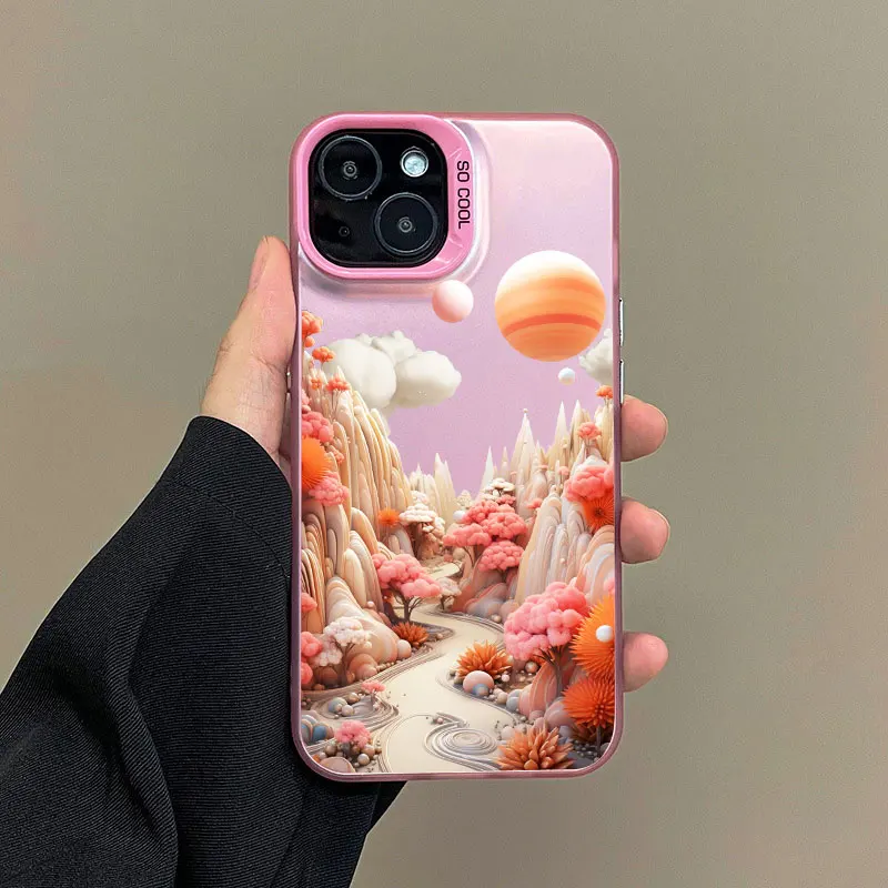 Creative Mountains Landscape Scenery Pink Shockproof Laser Phone Case