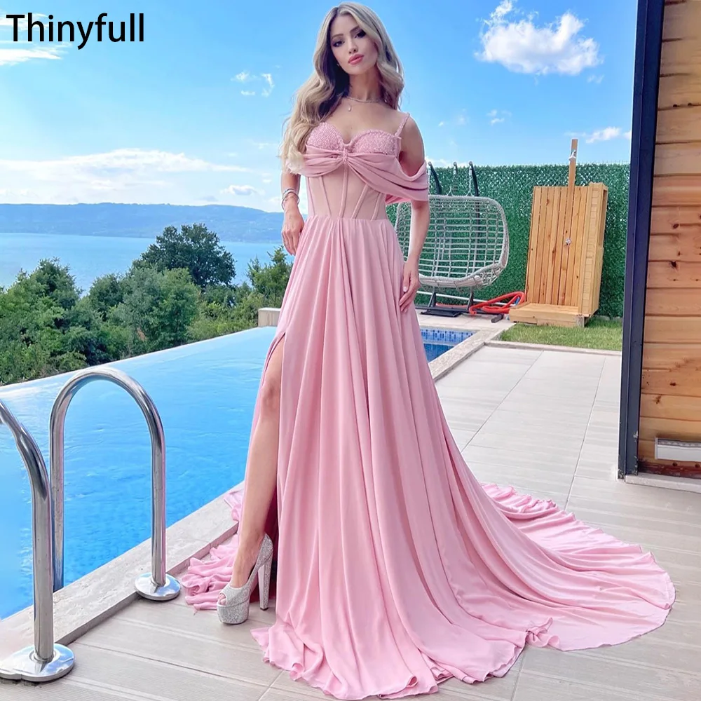 

Thinyfull Pink Elegant A Line Evening Dresses Chiffon Sweetheart Off Shoulder Beading Lace Up Prom Gown Formal Dresses for Women
