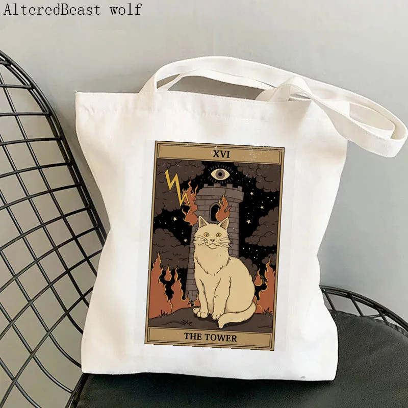Women Shopper bag Two of Pentacles cat witchy Tarot magic Bag Harajuku Shopping Canvas Shopper Bag girl Shoulder Lady Bag