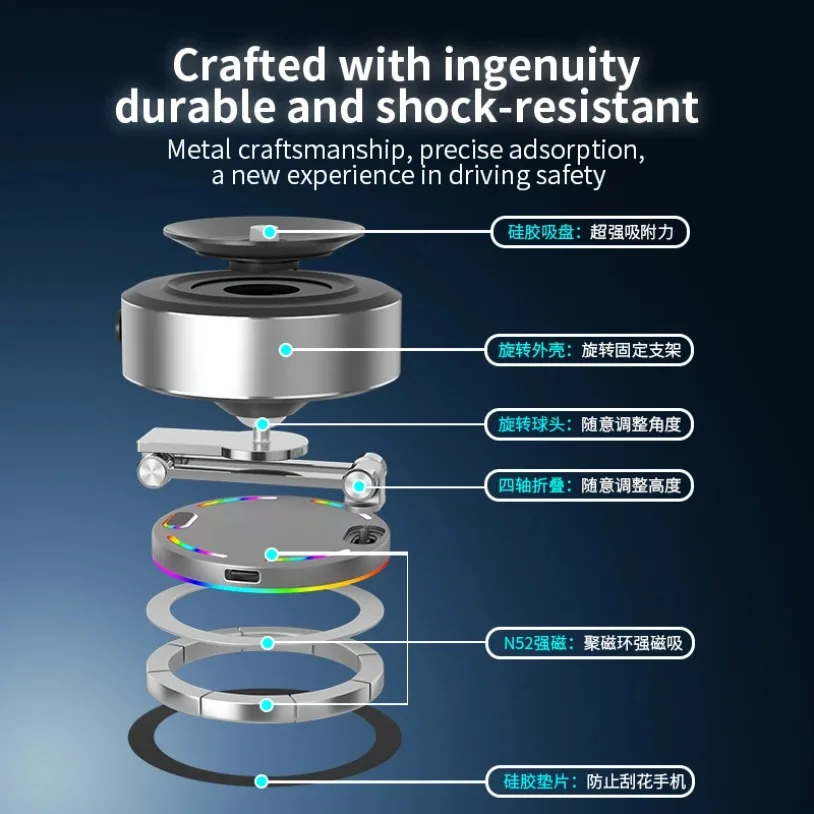 15W Wireless Charger Magnetic Phone Holder & Vacuum Suction Cup for Magsafe iPhone 17~12 360° Rotation Foldable Fast Charging