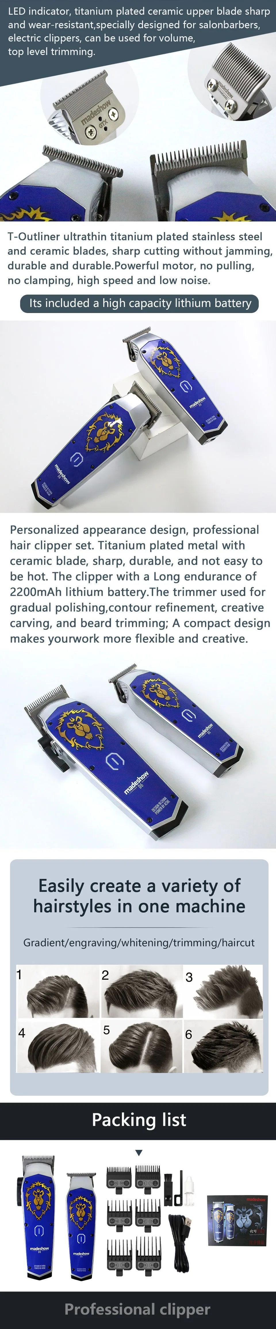 Description Picture 3 of itemMADESHOW D6 D3 D0 Hair Clippers kit ,Professional Barber Clippers & Trimmer Set,Cordless Hair Clippers for Barbers Haircut Kit